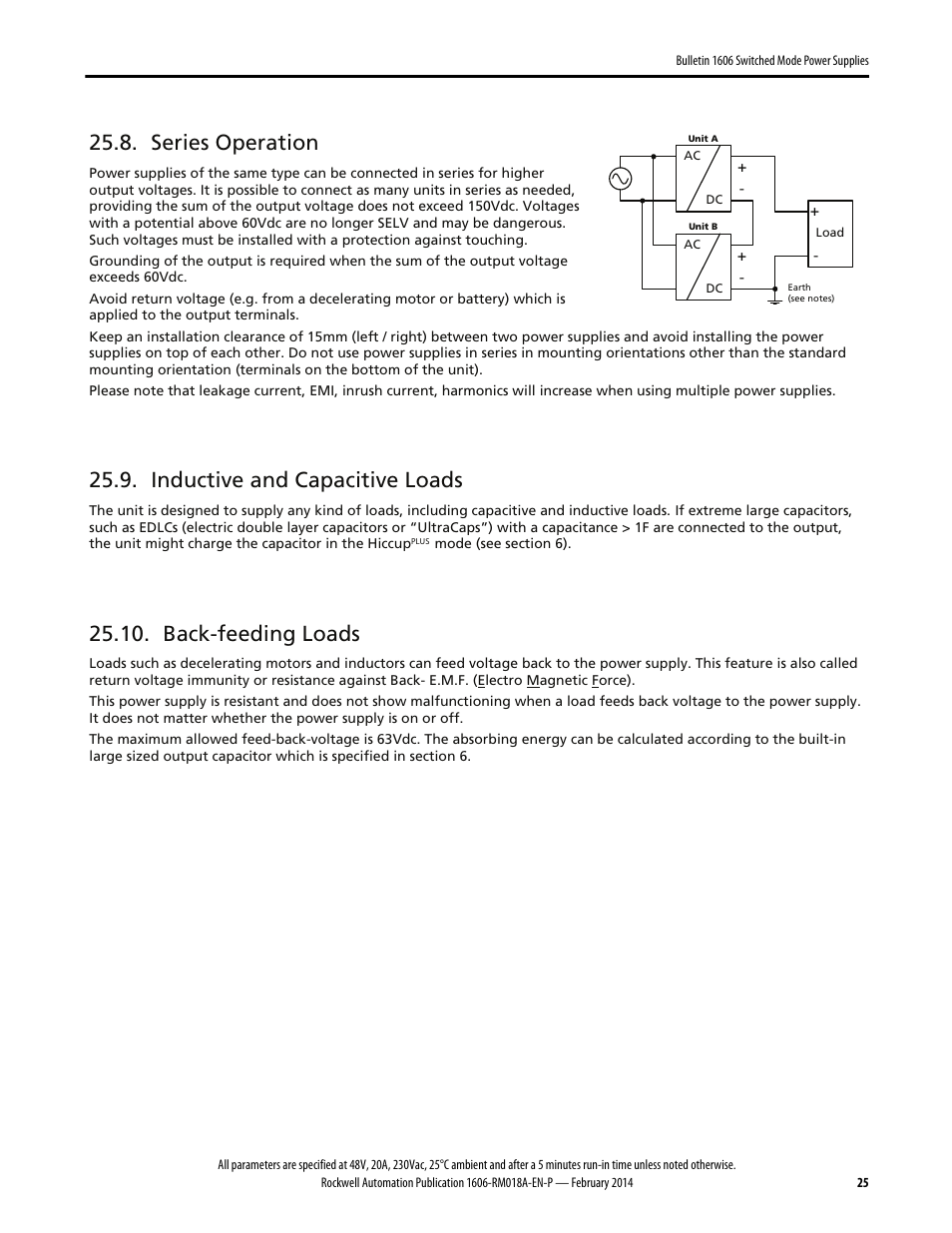 Series operation, Inductive and capacitive loads, Back-feeding loads | Rockwell Automation 1606-XLS960FE Power Supply Reference Manual User Manual | Page 25 / 28