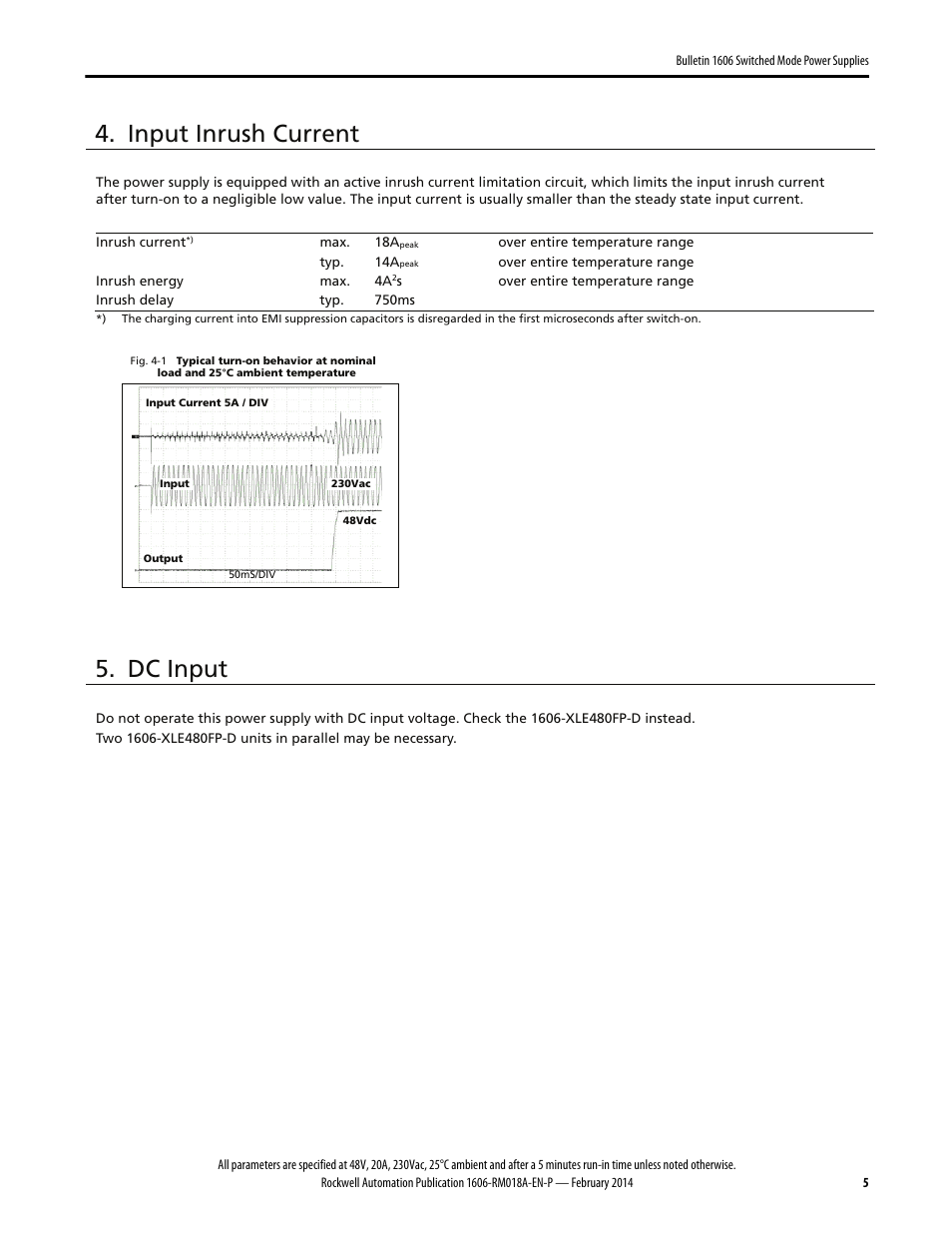 Input inrush current, Dc input | Rockwell Automation 1606-XLS960FE Power Supply Reference Manual User Manual | Page 5 / 28