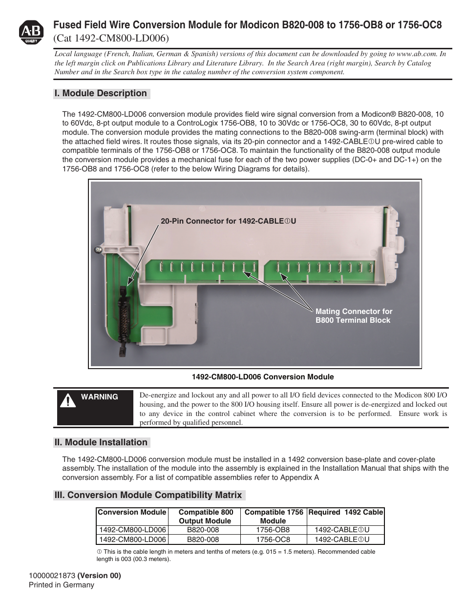 Rockwell Automation 1492-CM800-LD006 Fused Field Wire Conversion Module for Modicon B820-008 to 1756-OC8 User Manual | 8 pages