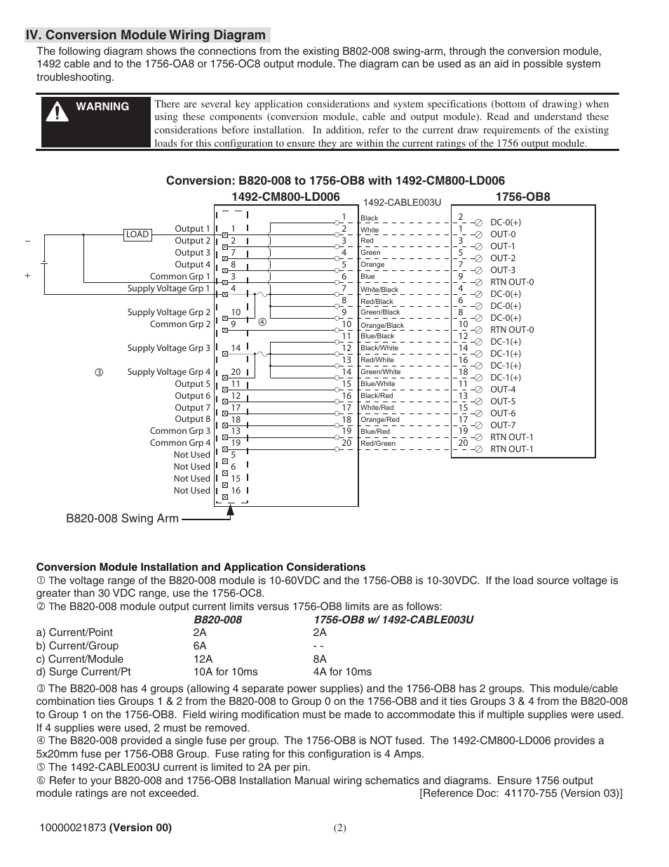 Iv. conversion module wiring diagram | Rockwell Automation 1492-CM800-LD006 Fused Field Wire Conversion Module for Modicon B820-008 to 1756-OC8 User Manual | Page 2 / 8