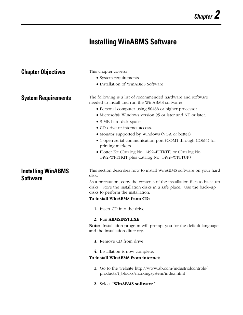 Chapter 2, Installing winabms software, Chapter objectives | System requirements, Chapter | Rockwell Automation 1492 WinABMS Marking System Software User Manual | Page 15 / 58
