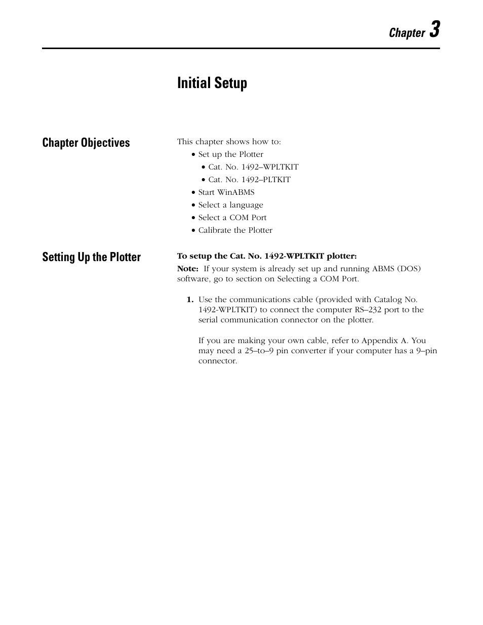 Chapter 3, Initial setup, Chapter objectives | Setting up the plotter, Chapter | Rockwell Automation 1492 WinABMS Marking System Software User Manual | Page 17 / 58
