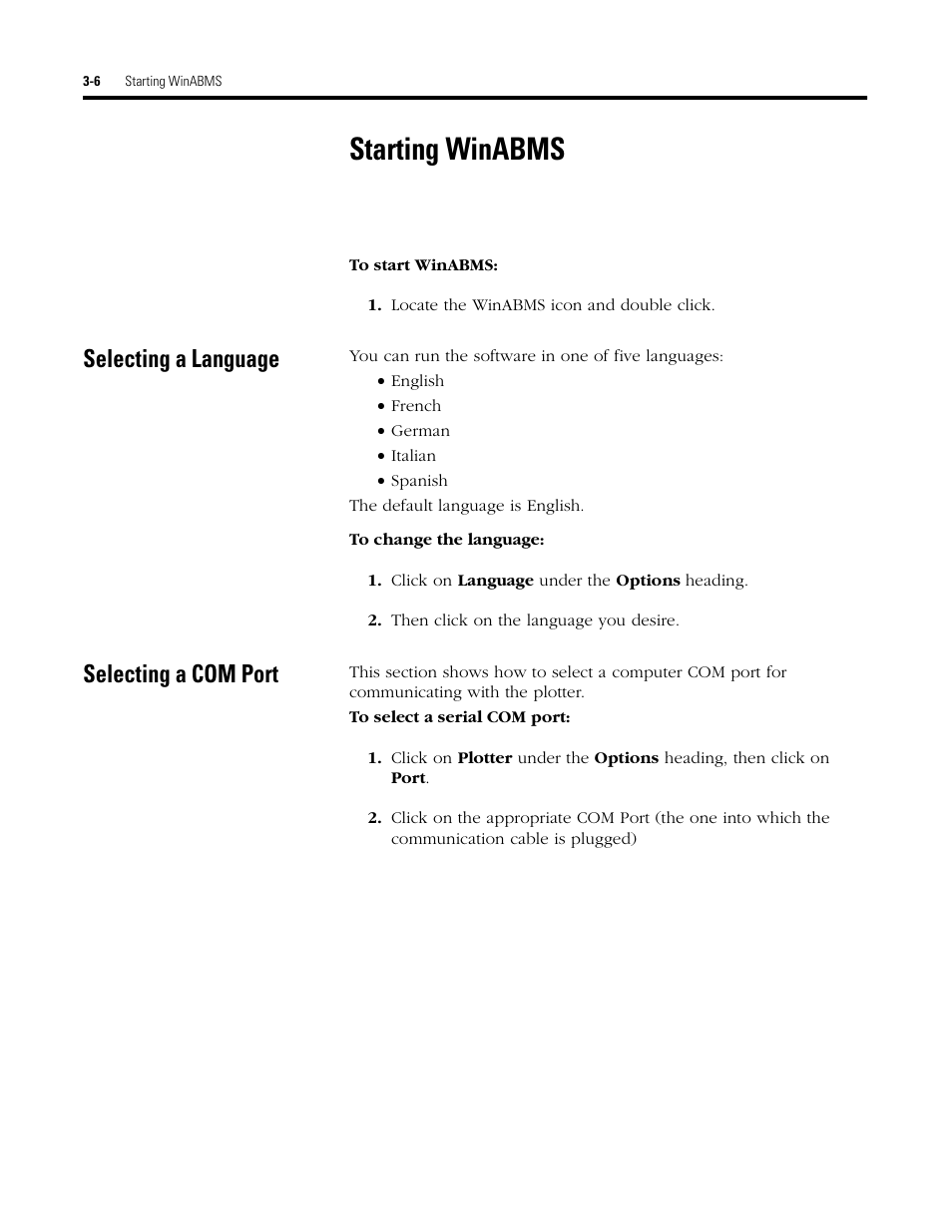 Starting winabms, Selecting a language, Selecting a com port | Rockwell Automation 1492 WinABMS Marking System Software User Manual | Page 22 / 58