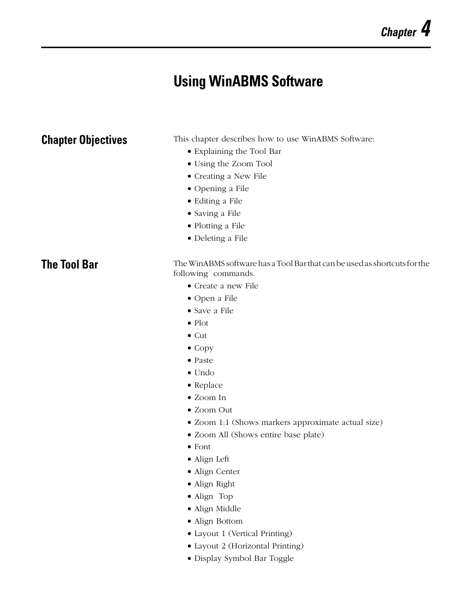 Chapter 4, Using winabms software, Chapter objectives | The tool bar, Chapter | Rockwell Automation 1492 WinABMS Marking System Software User Manual | Page 28 / 58