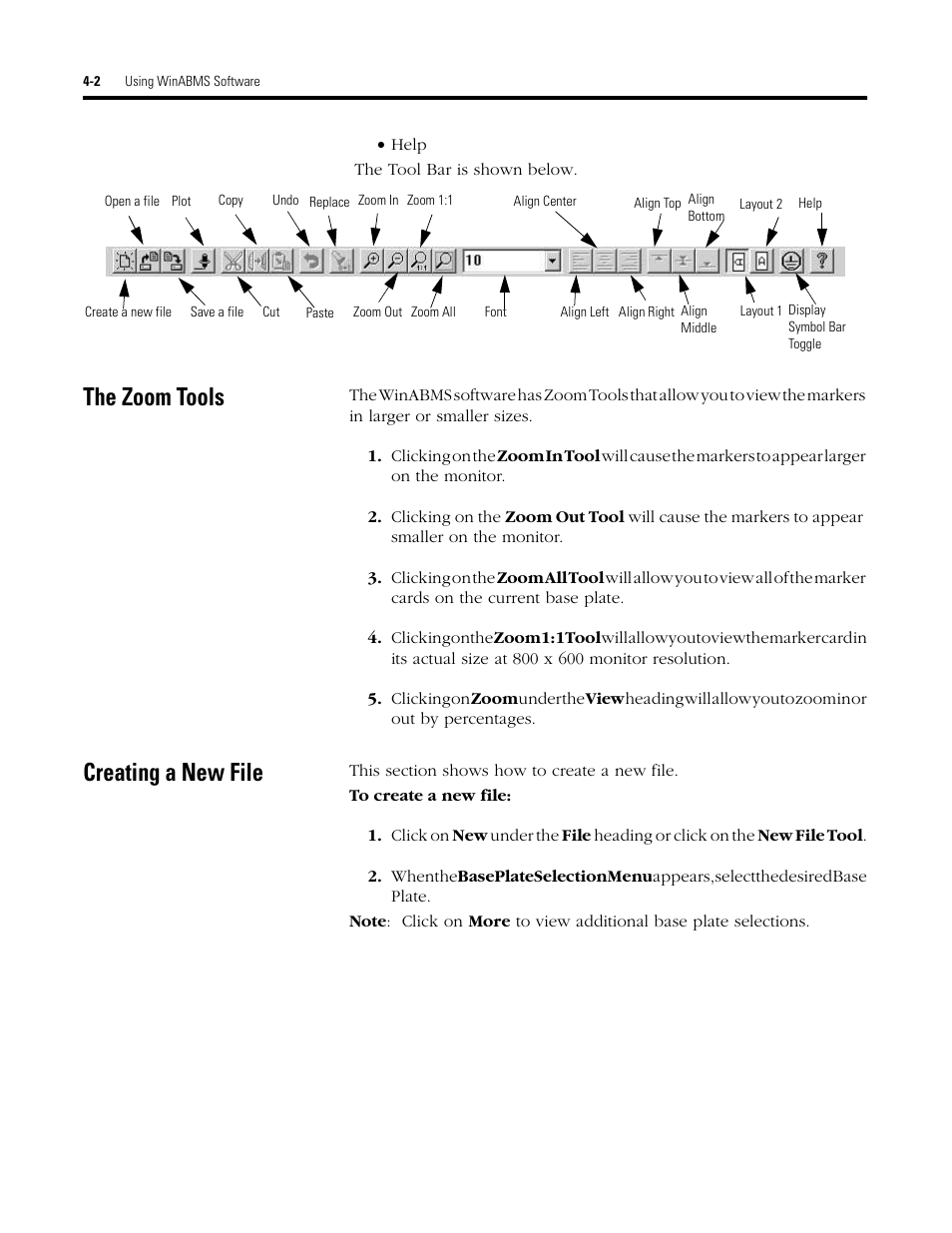 The zoom tools, Creating a new file | Rockwell Automation 1492 WinABMS Marking System Software User Manual | Page 29 / 58