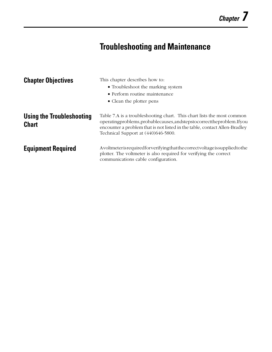 Chapter 7, Troubleshooting and maintenance, Chapter objectives | Using the troubleshooting chart, Equipment required | Rockwell Automation 1492 WinABMS Marking System Software User Manual | Page 47 / 58