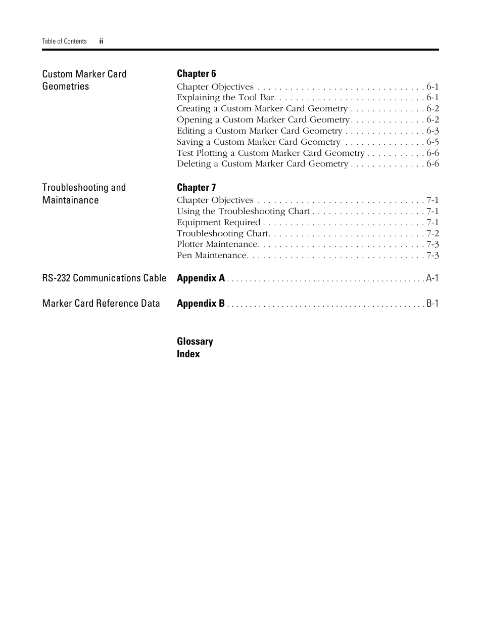 Custom marker card geometries, Chapter 6, Troubleshooting and maintainance | Chapter 7, Rs-232 communications cable, Appendix a a-1, Marker card reference data, Appendix b b-1, Glossary, Index | Rockwell Automation 1492 WinABMS Marking System Software User Manual | Page 5 / 58