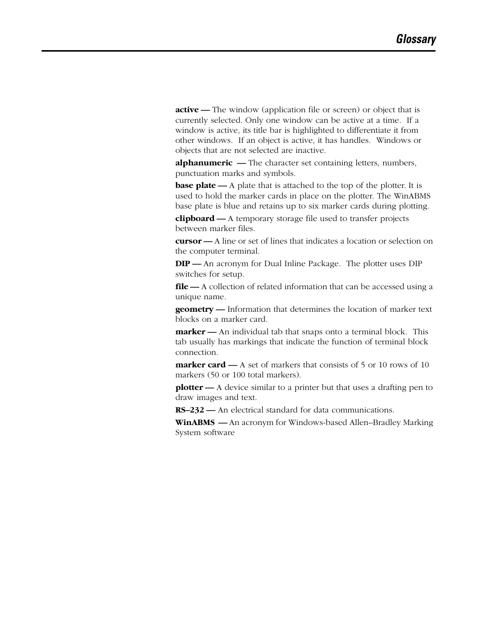 Glossary | Rockwell Automation 1492 WinABMS Marking System Software User Manual | Page 55 / 58