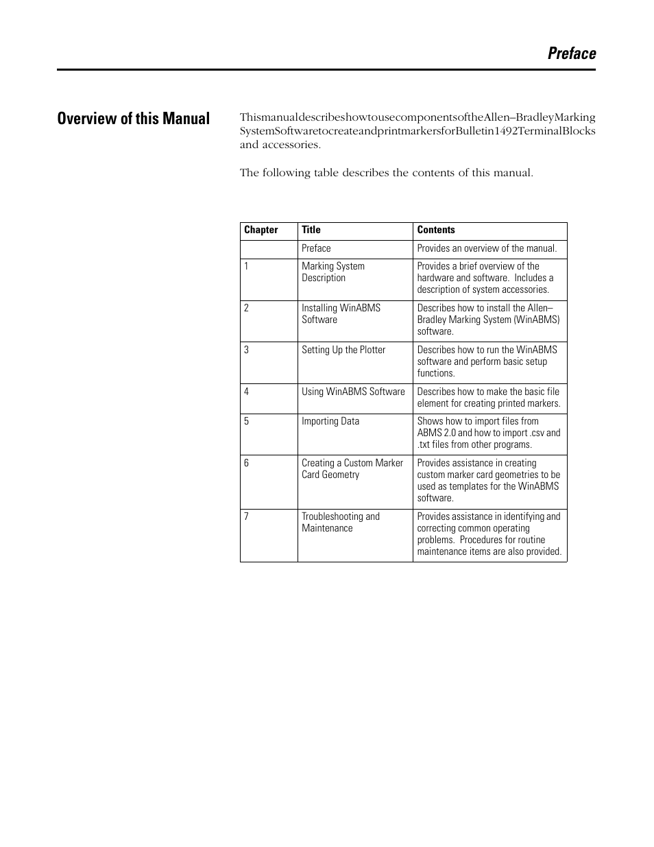 Preface, Overview of this manual, Preface overview of this manual | Rockwell Automation 1492 WinABMS Marking System Software User Manual | Page 6 / 58