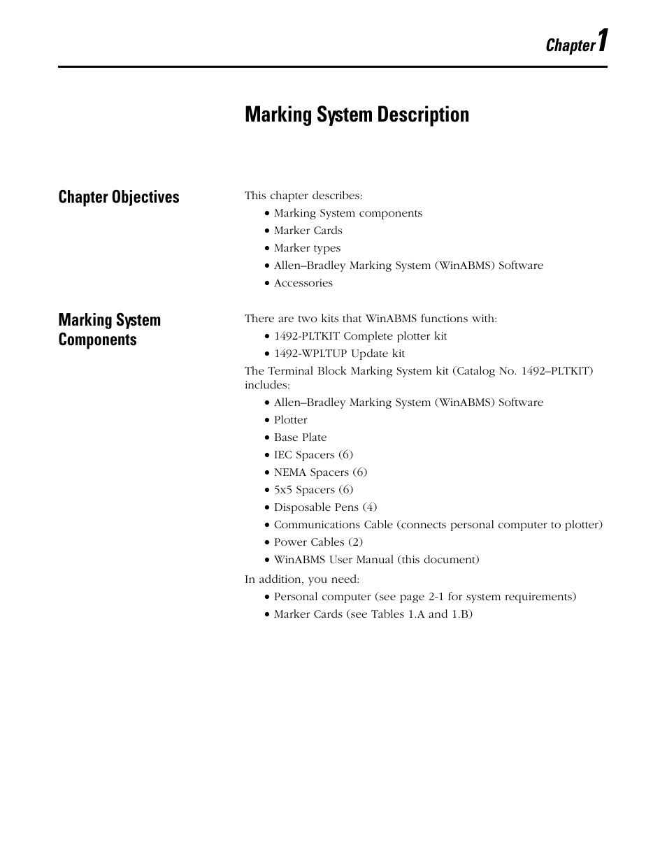 Chapter 1, Marking system description, Chapter objectives | Marking system components, Chapter | Rockwell Automation 1492 WinABMS Marking System Software User Manual | Page 8 / 58