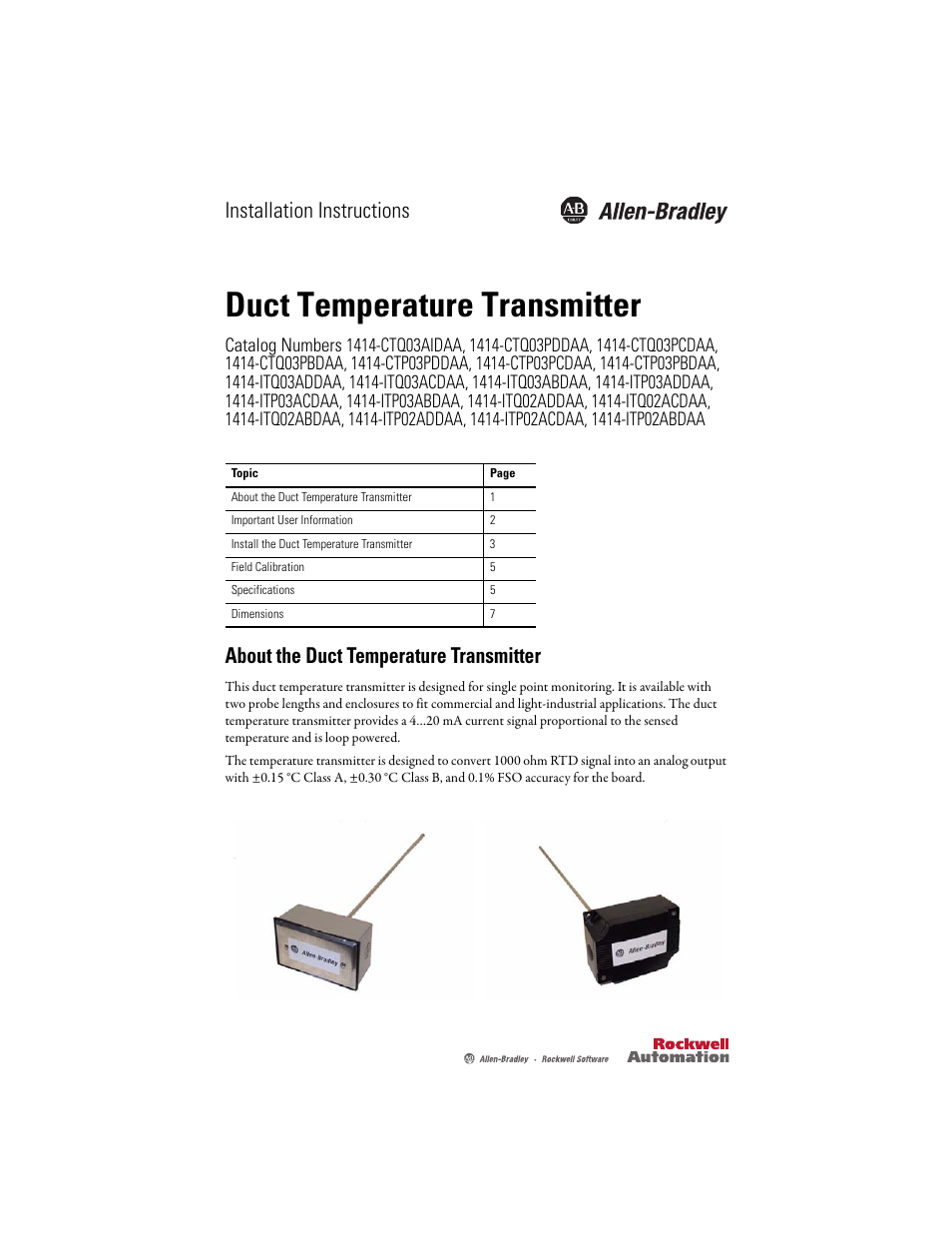 Rockwell Automation 1414-CTQxxxxx_CTPxxxxx_ITQxxxxx_ITPxxxxx_ITQxxxxx Duct Temperature Transmitter User Manual | 8 pages