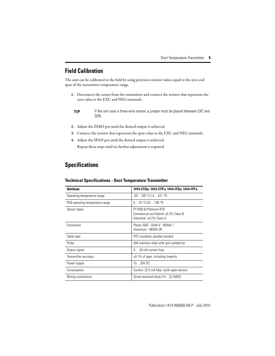 Field calibration, Specifications | Rockwell Automation 1414-CTQxxxxx_CTPxxxxx_ITQxxxxx_ITPxxxxx_ITQxxxxx Duct Temperature Transmitter User Manual | Page 5 / 8