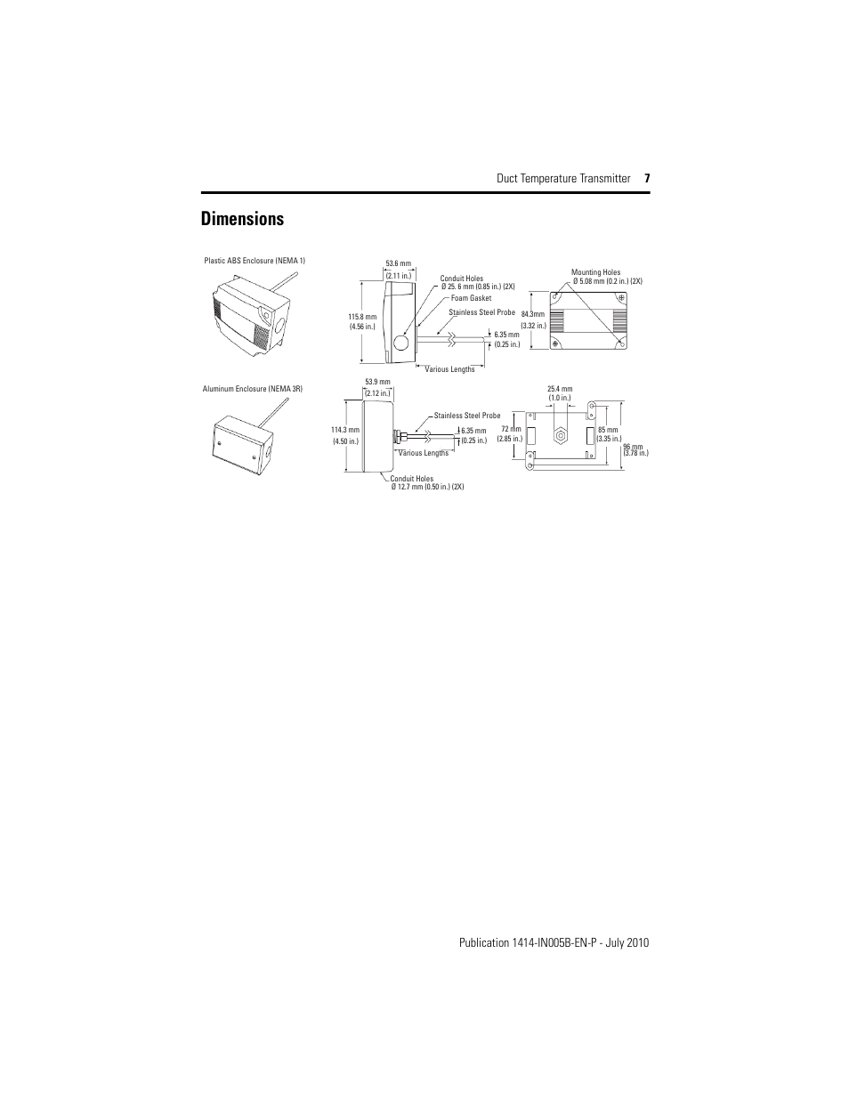 Dimensions | Rockwell Automation 1414-CTQxxxxx_CTPxxxxx_ITQxxxxx_ITPxxxxx_ITQxxxxx Duct Temperature Transmitter User Manual | Page 7 / 8