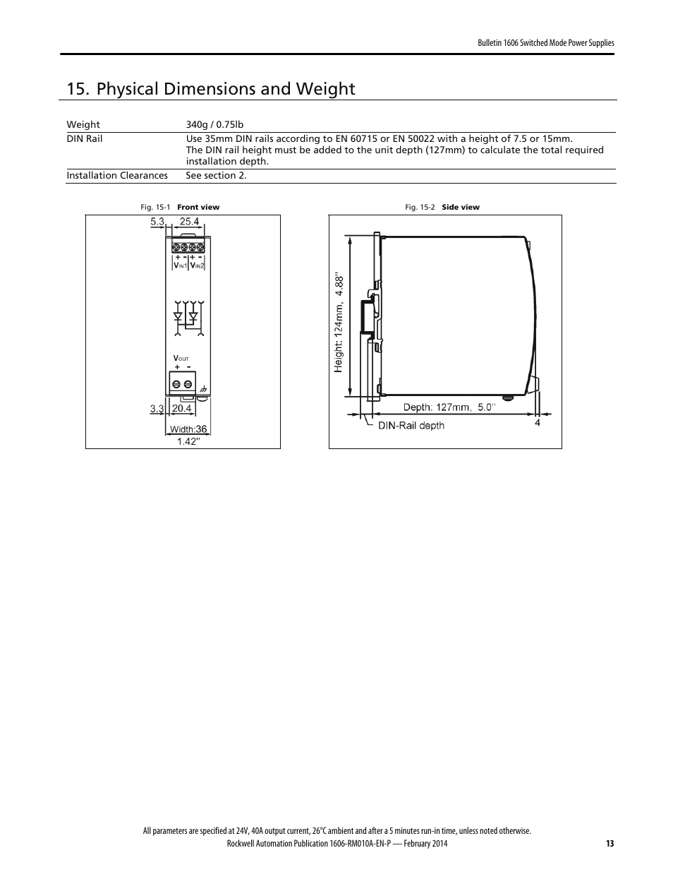 Physical dimensions and weight | Rockwell Automation 1606-XLSRED40 Power Supply Reference Manual User Manual | Page 13 / 18
