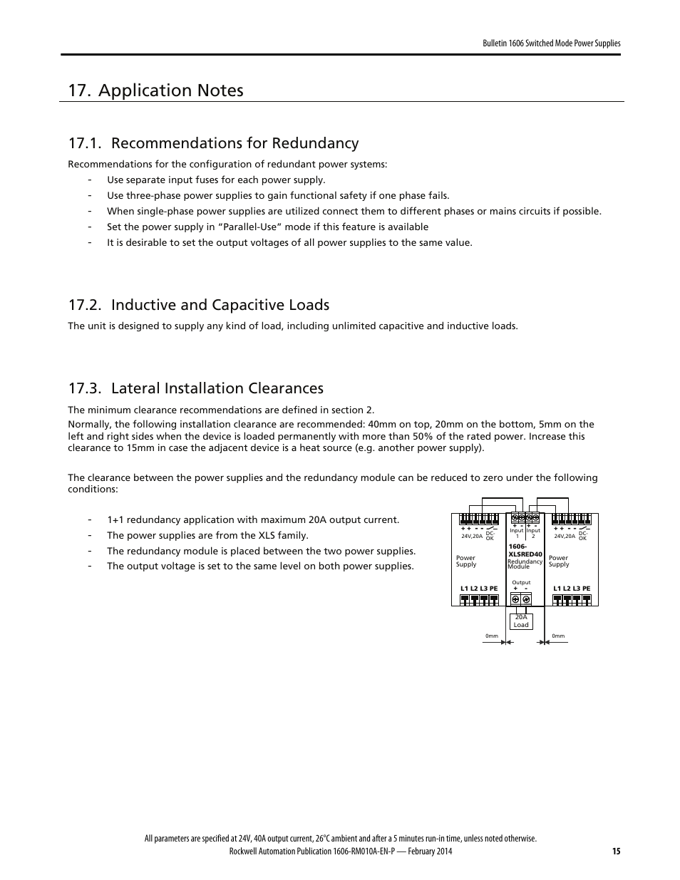 Recommendations for redundancy, Inductive and capacitive loads, Lateral installation clearances | Rockwell Automation 1606-XLSRED40 Power Supply Reference Manual User Manual | Page 15 / 18