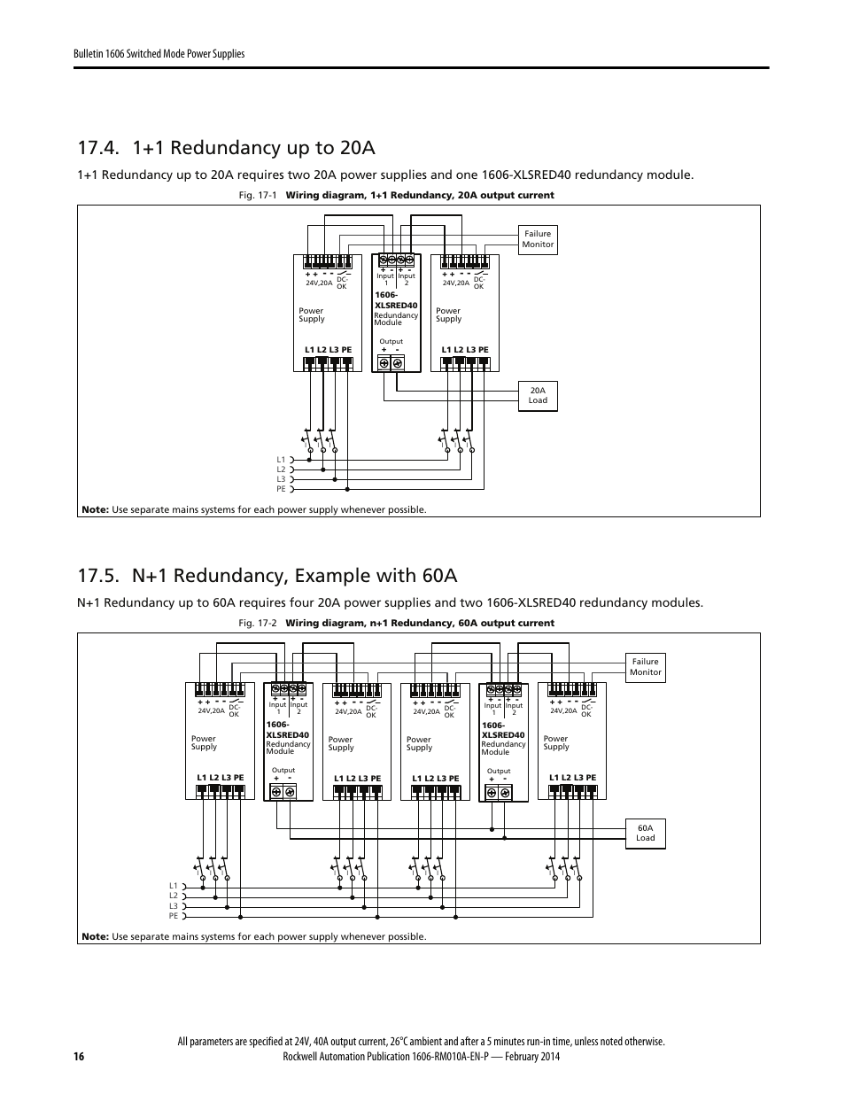 1+1 redundancy up to 20a, N+1 redundancy, example with 60a | Rockwell Automation 1606-XLSRED40 Power Supply Reference Manual User Manual | Page 16 / 18