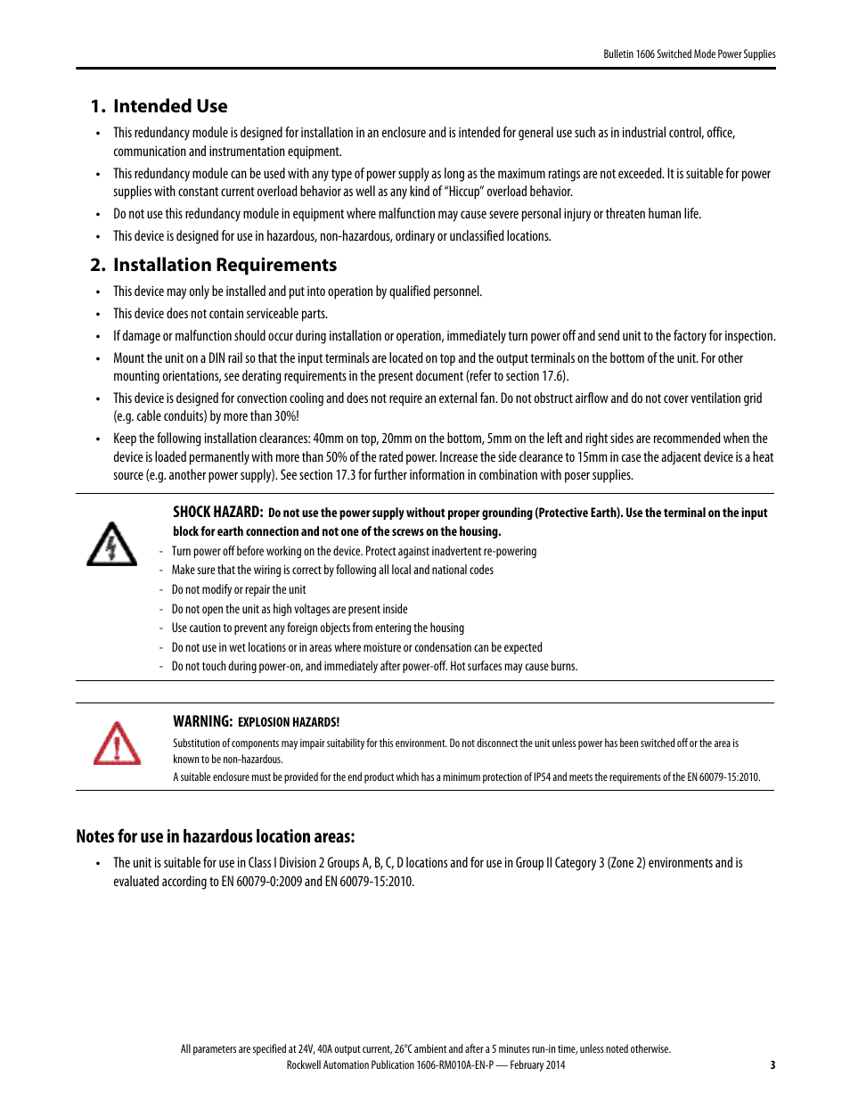 1606-rm010a-en-p, Intended use, Installation requirements | Rockwell Automation 1606-XLSRED40 Power Supply Reference Manual User Manual | Page 3 / 18