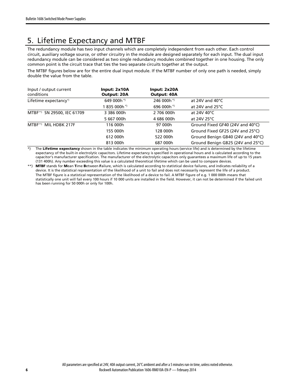 Lifetime expectancy and mtbf | Rockwell Automation 1606-XLSRED40 Power Supply Reference Manual User Manual | Page 6 / 18