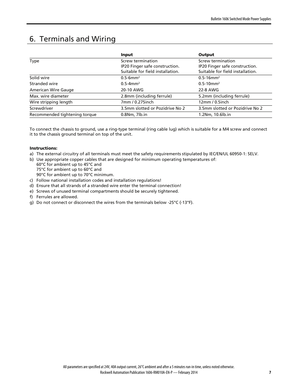 Terminals and wiring | Rockwell Automation 1606-XLSRED40 Power Supply Reference Manual User Manual | Page 7 / 18