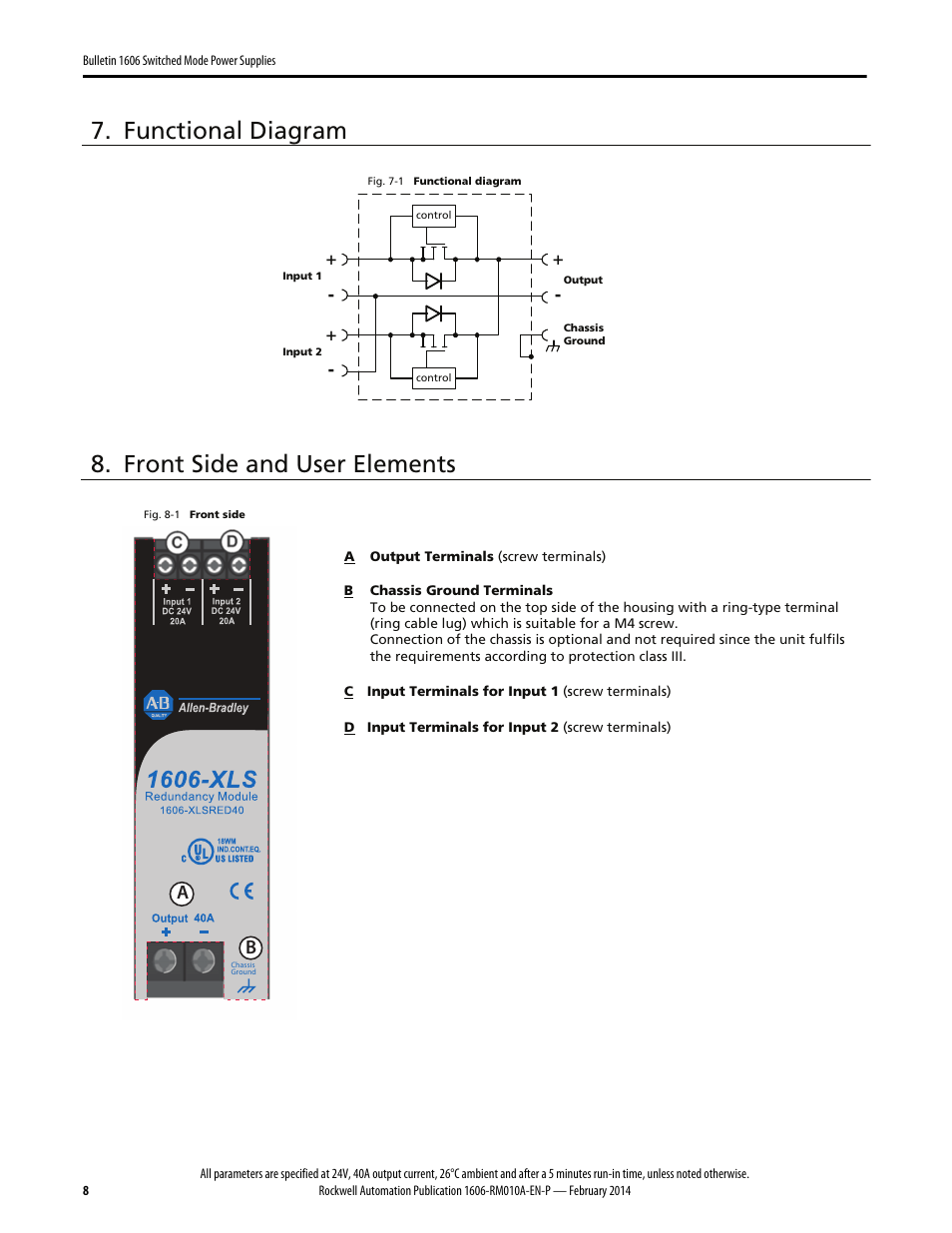 Functional diagram, Front side and user elements | Rockwell Automation 1606-XLSRED40 Power Supply Reference Manual User Manual | Page 8 / 18