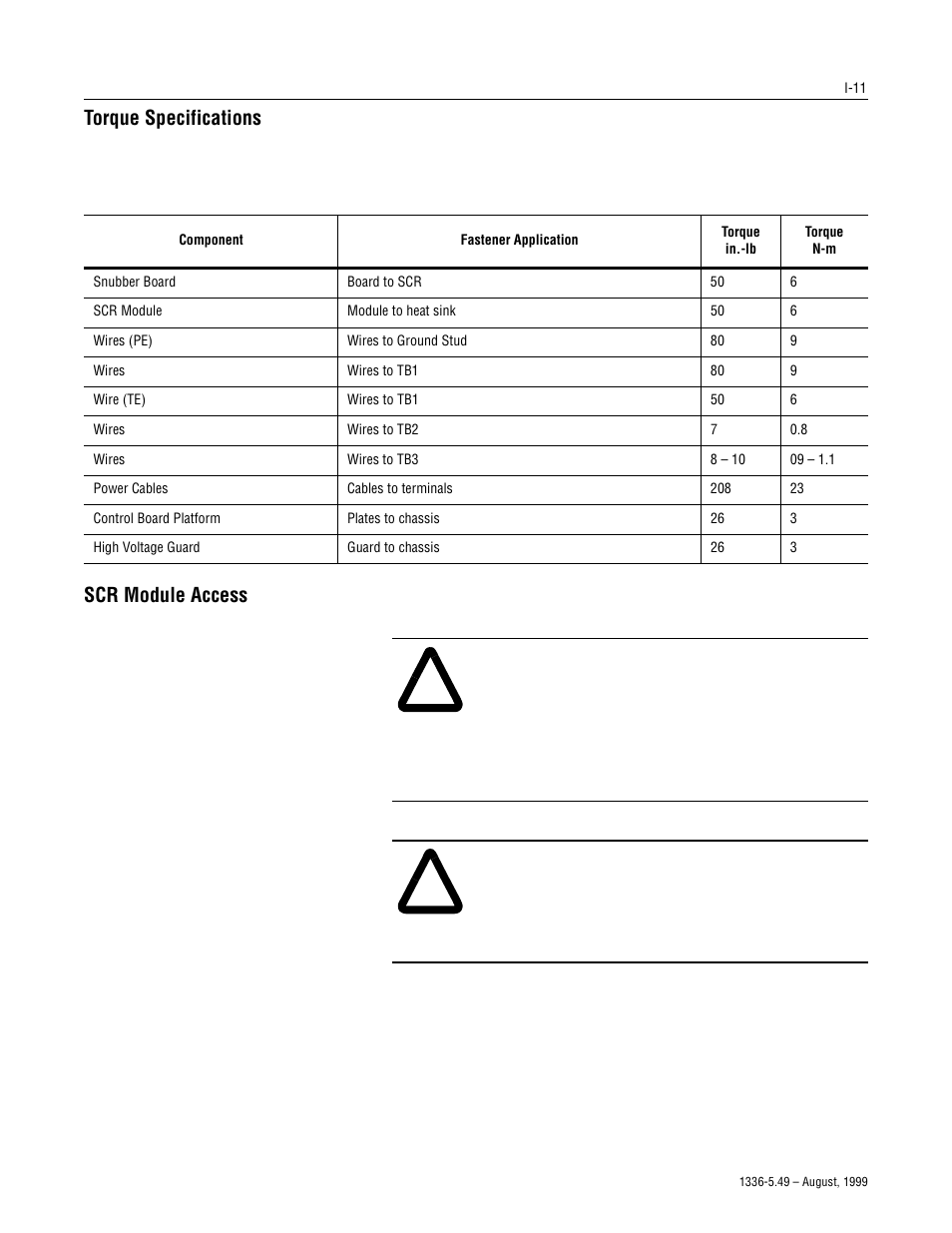 Torque specifications, Scr module access, I-11 | Scr module access” on | Rockwell Automation 1336-SN-SP19A Snubber Board Kit, 1336-SN-SP19A User Manual | Page 11 / 28