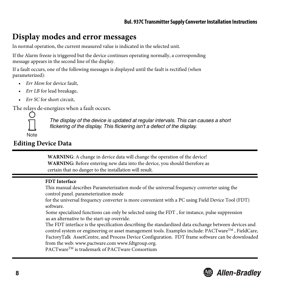 Display modes and error messages, Editing device data | Rockwell Automation 937CU-AITXF-DC1 Transmitter Supply Converter Installation Instructions User Manual | Page 10 / 36