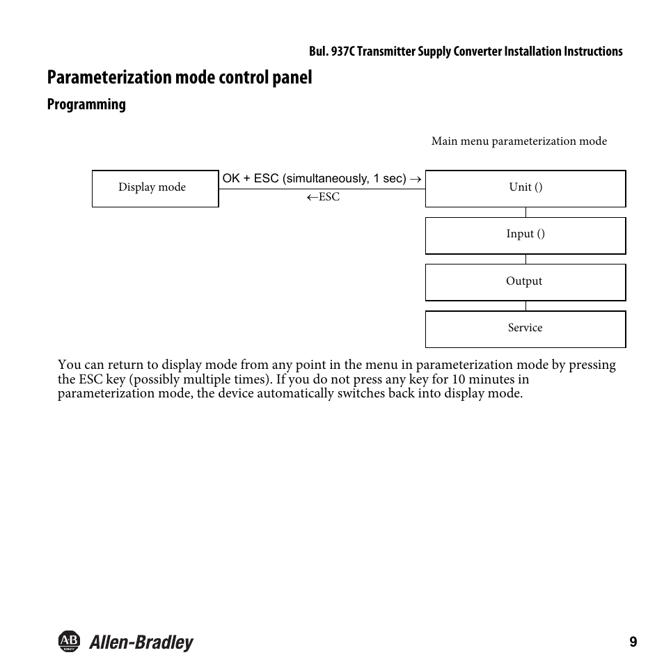 Parameterization mode control panel, Programming | Rockwell Automation 937CU-AITXF-DC1 Transmitter Supply Converter Installation Instructions User Manual | Page 11 / 36