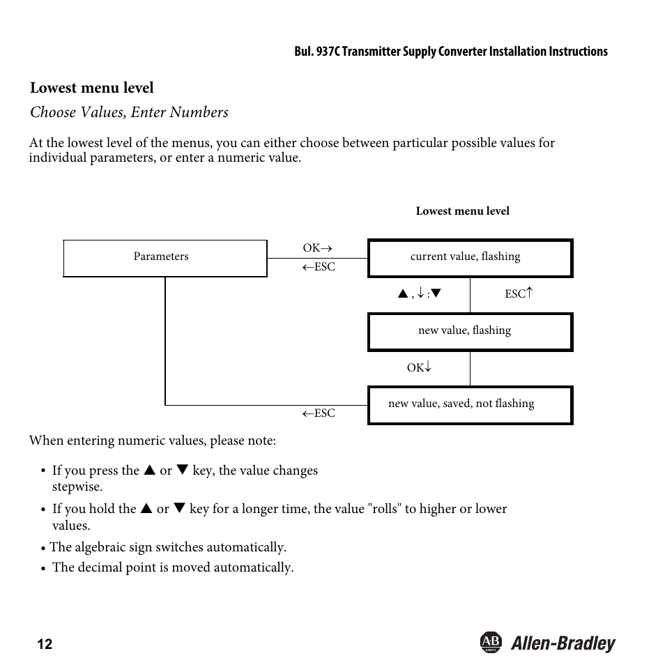 Lowest menu level, Choose values, enter numbers | Rockwell Automation 937CU-AITXF-DC1 Transmitter Supply Converter Installation Instructions User Manual | Page 14 / 36