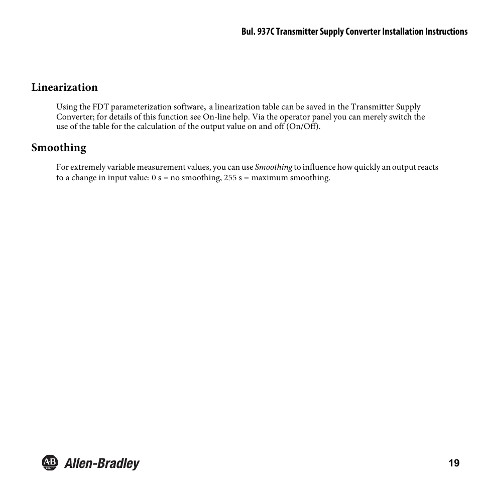 Linearization, Smoothing | Rockwell Automation 937CU-AITXF-DC1 Transmitter Supply Converter Installation Instructions User Manual | Page 21 / 36