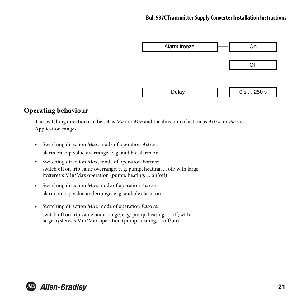 Operating behaviour | Rockwell Automation 937CU-AITXF-DC1 Transmitter Supply Converter Installation Instructions User Manual | Page 23 / 36