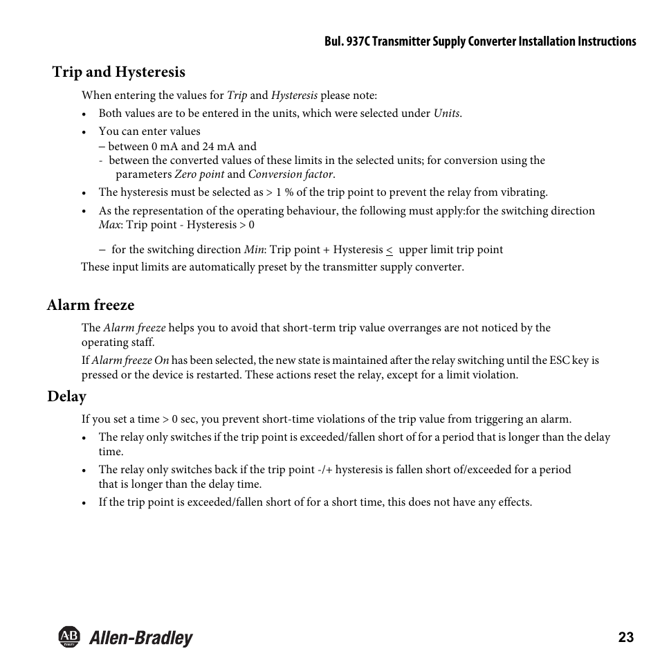 Trip and hysteresis, Alarm freeze, Delay | Rockwell Automation 937CU-AITXF-DC1 Transmitter Supply Converter Installation Instructions User Manual | Page 25 / 36