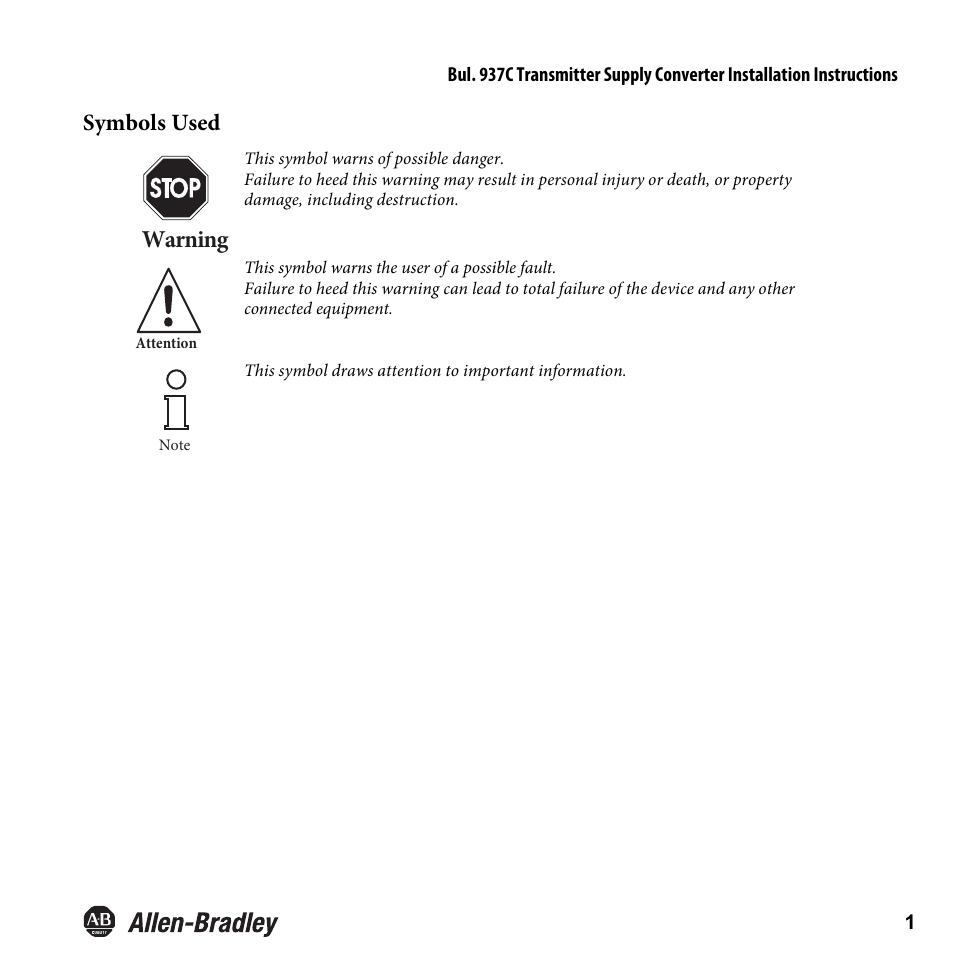 01_bodyjim, Warning, Symbols used | Rockwell Automation 937CU-AITXF-DC1 Transmitter Supply Converter Installation Instructions User Manual | Page 3 / 36
