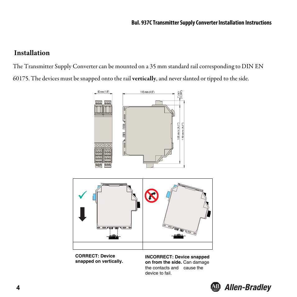 Installation | Rockwell Automation 937CU-AITXF-DC1 Transmitter Supply Converter Installation Instructions User Manual | Page 6 / 36