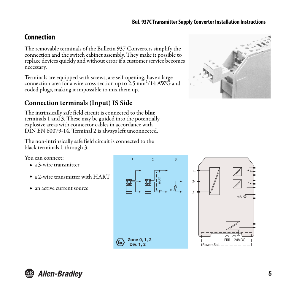 Connection, Connection terminals (input) is side | Rockwell Automation 937CU-AITXF-DC1 Transmitter Supply Converter Installation Instructions User Manual | Page 7 / 36