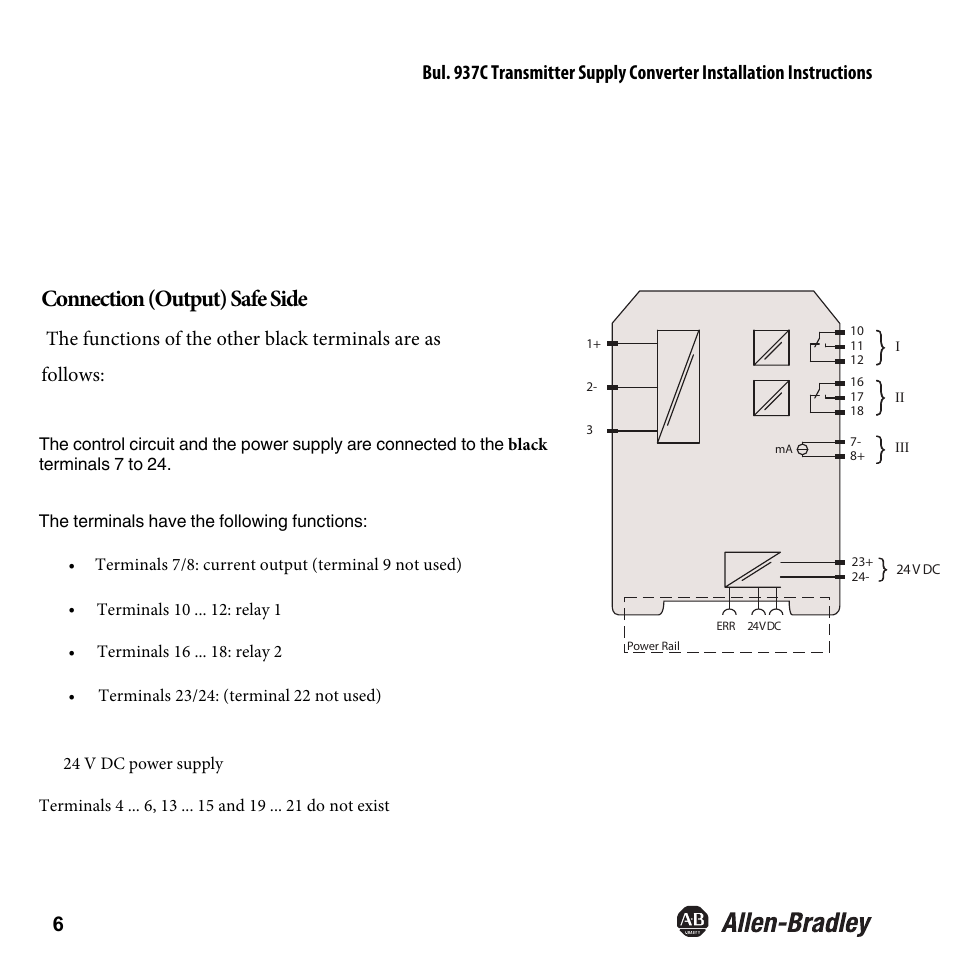 Connection (output) safe side | Rockwell Automation 937CU-AITXF-DC1 Transmitter Supply Converter Installation Instructions User Manual | Page 8 / 36