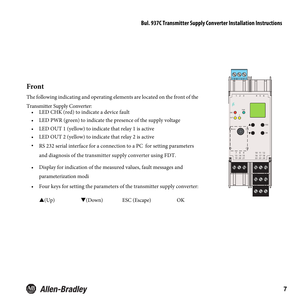 Front | Rockwell Automation 937CU-AITXF-DC1 Transmitter Supply Converter Installation Instructions User Manual | Page 9 / 36