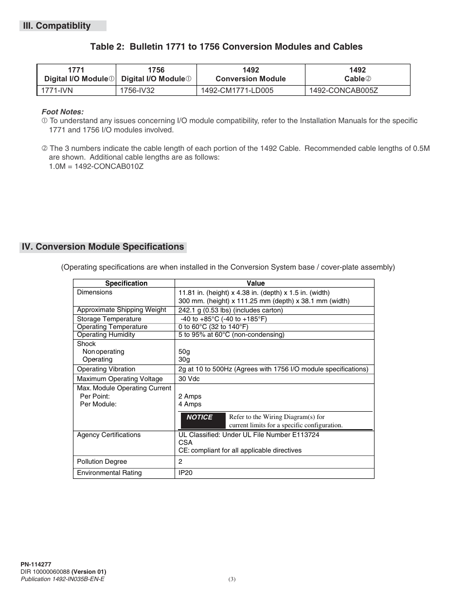 Iv. conversion module specifications, Iii. compatiblity | Rockwell Automation 1492-CM1771-LD005 Field Conversion Module User Manual | Page 3 / 4