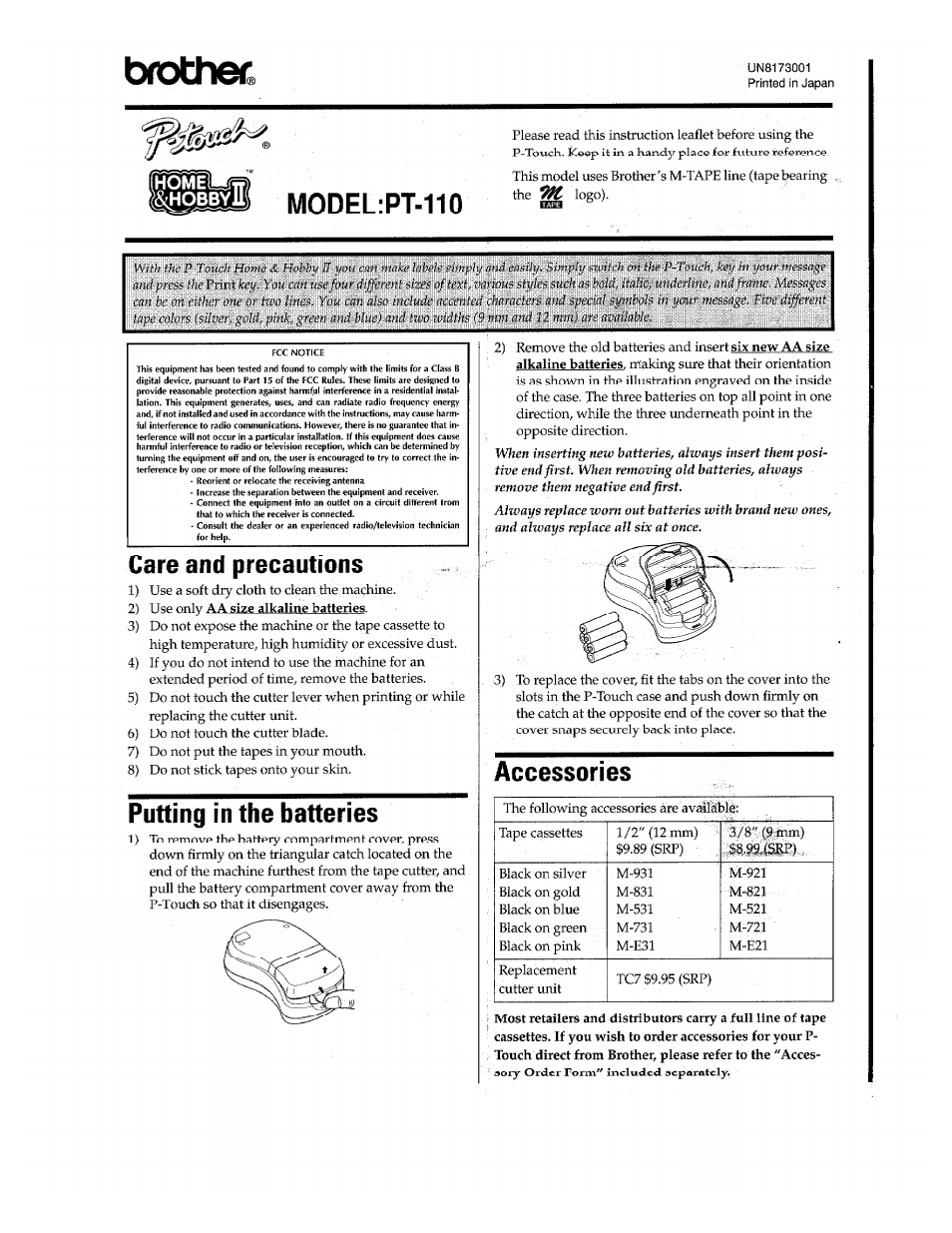 Brother P-Touch PT-110 User Manual | 4 pages
