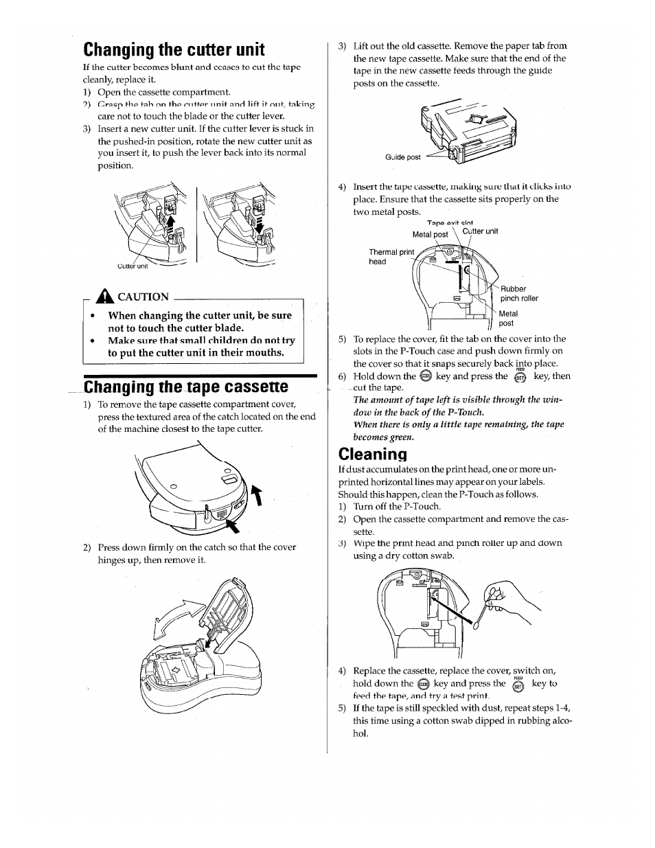 Changing the cutter unit, Changing the tape cassette, Cleaning | Brother P-Touch PT-110 User Manual | Page 2 / 4