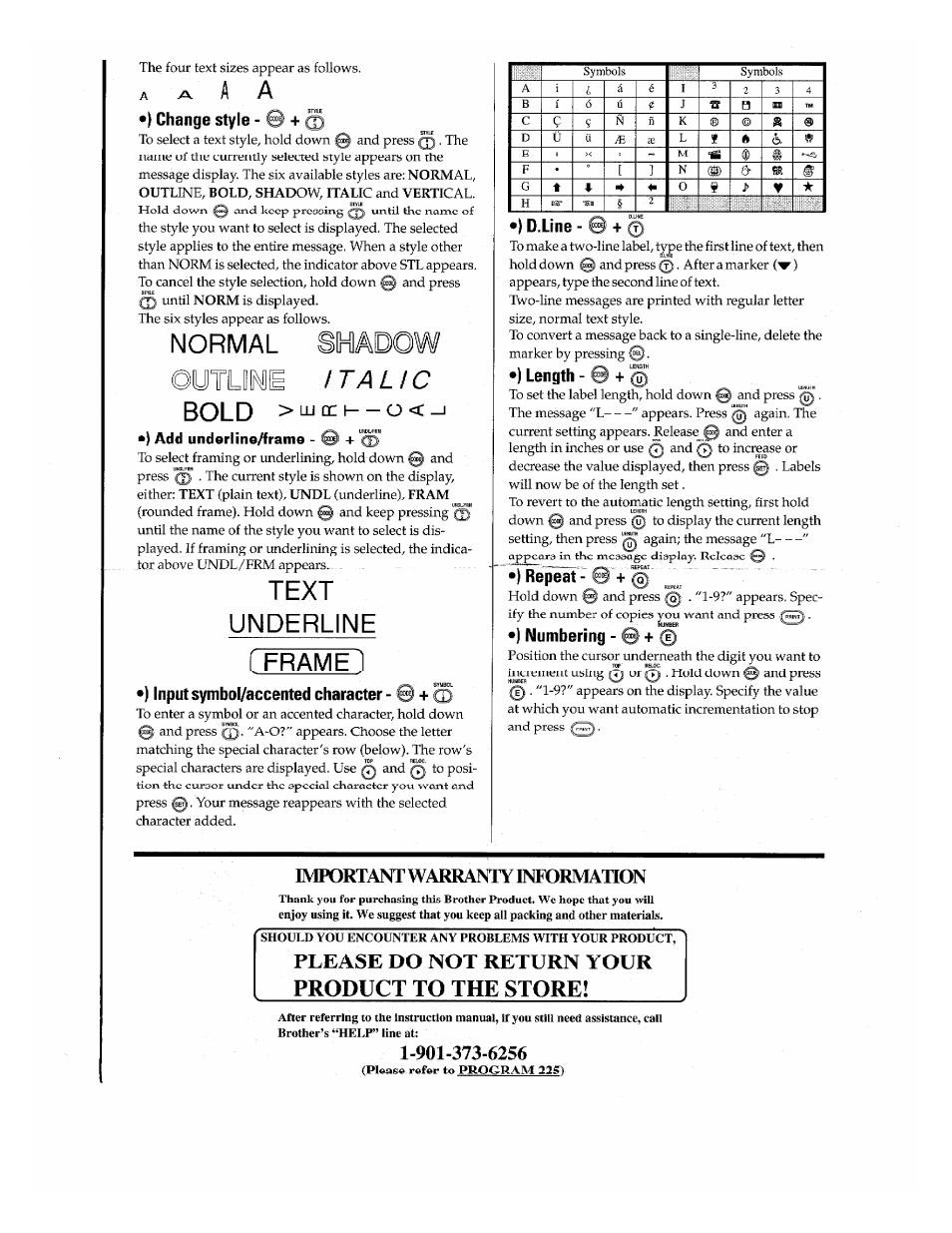 Change style, Add underline/frame, Input symbol/accented character | D.line - © + 0, Length, Repim, Numbering, Important warranty information, Bold, Please do not return your product to the store | Brother P-Touch PT-110 User Manual | Page 4 / 4