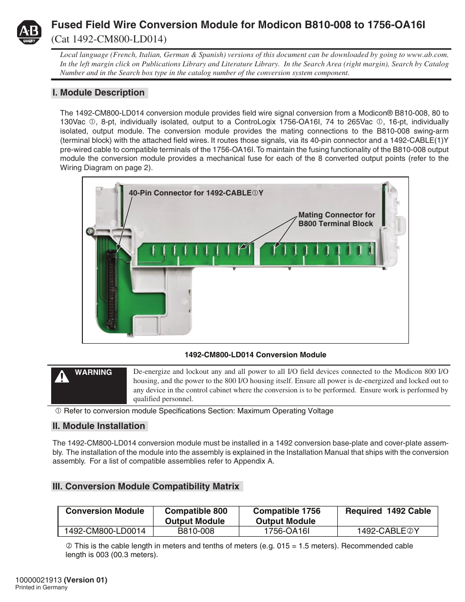 Rockwell Automation 1492-CM800-LD014 Field Wire Conv. Module for Modicon B810-008 to 1756-OA16I User Manual | 6 pages