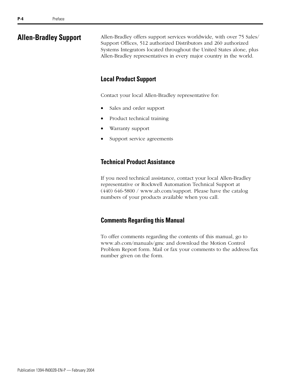 Allen-bradley support, Local product support, Technical product assistance | Comments regarding this manual | Rockwell Automation 1394 SERCOS Interface Multi-Axis Motion Control System Installation Manual User Manual | Page 10 / 147