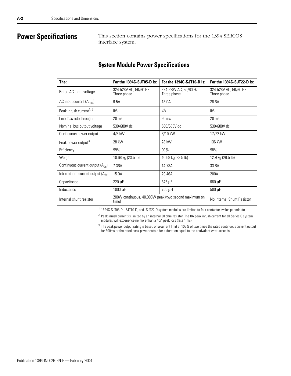 Power specifications, System module power specifications | Rockwell Automation 1394 SERCOS Interface Multi-Axis Motion Control System Installation Manual User Manual | Page 106 / 147