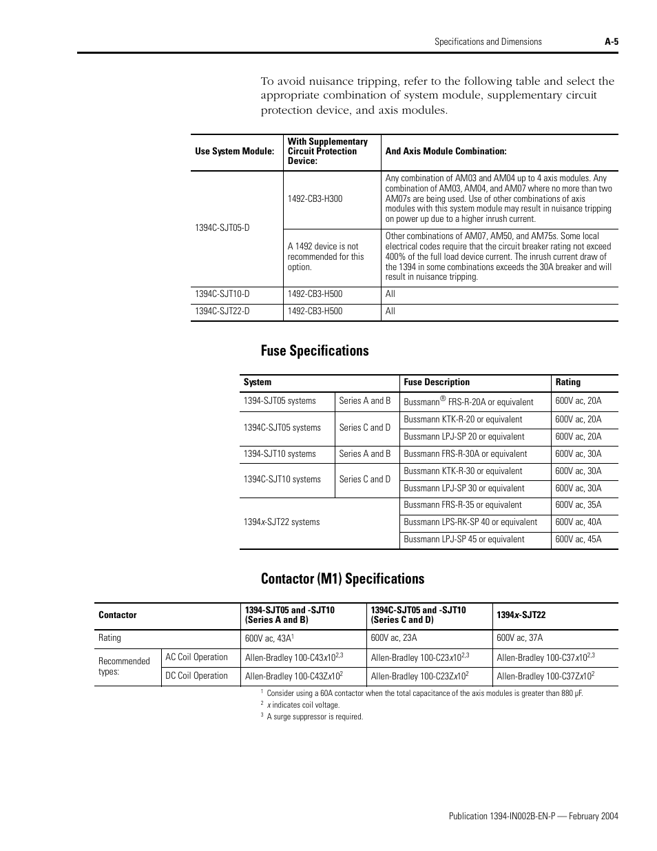 Fuse specifications, Contactor (m1) specifications, Fuse specifications contactor (m1) specifications | Rockwell Automation 1394 SERCOS Interface Multi-Axis Motion Control System Installation Manual User Manual | Page 109 / 147