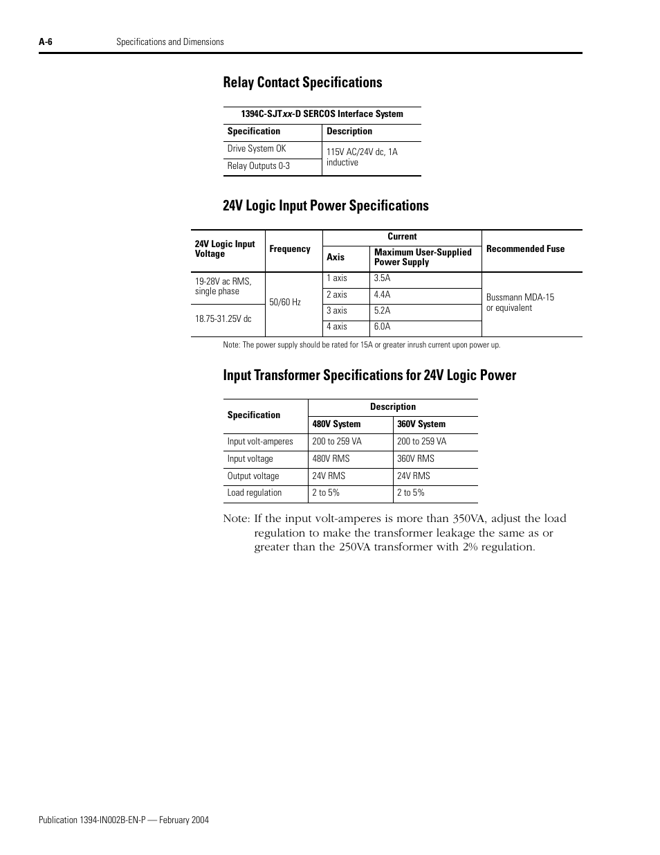 Relay contact specifications, 24v logic input power specifications, A-6 f | Rockwell Automation 1394 SERCOS Interface Multi-Axis Motion Control System Installation Manual User Manual | Page 110 / 147