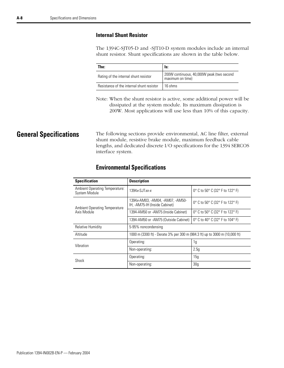 General specifications, Environmental specifications, Environmental specifications as | Rockwell Automation 1394 SERCOS Interface Multi-Axis Motion Control System Installation Manual User Manual | Page 112 / 147