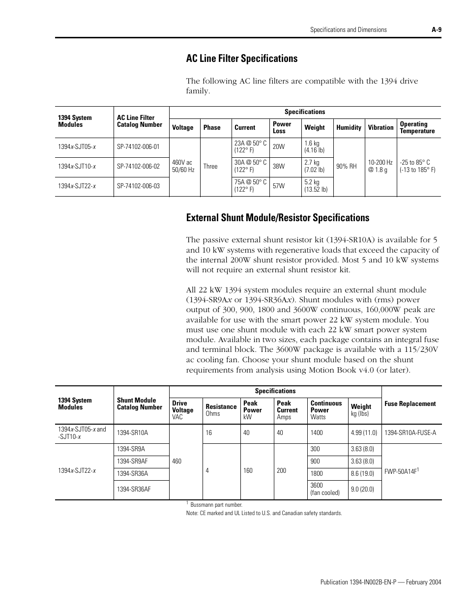 Ac line filter specifications, External shunt module/resistor specifications | Rockwell Automation 1394 SERCOS Interface Multi-Axis Motion Control System Installation Manual User Manual | Page 113 / 147