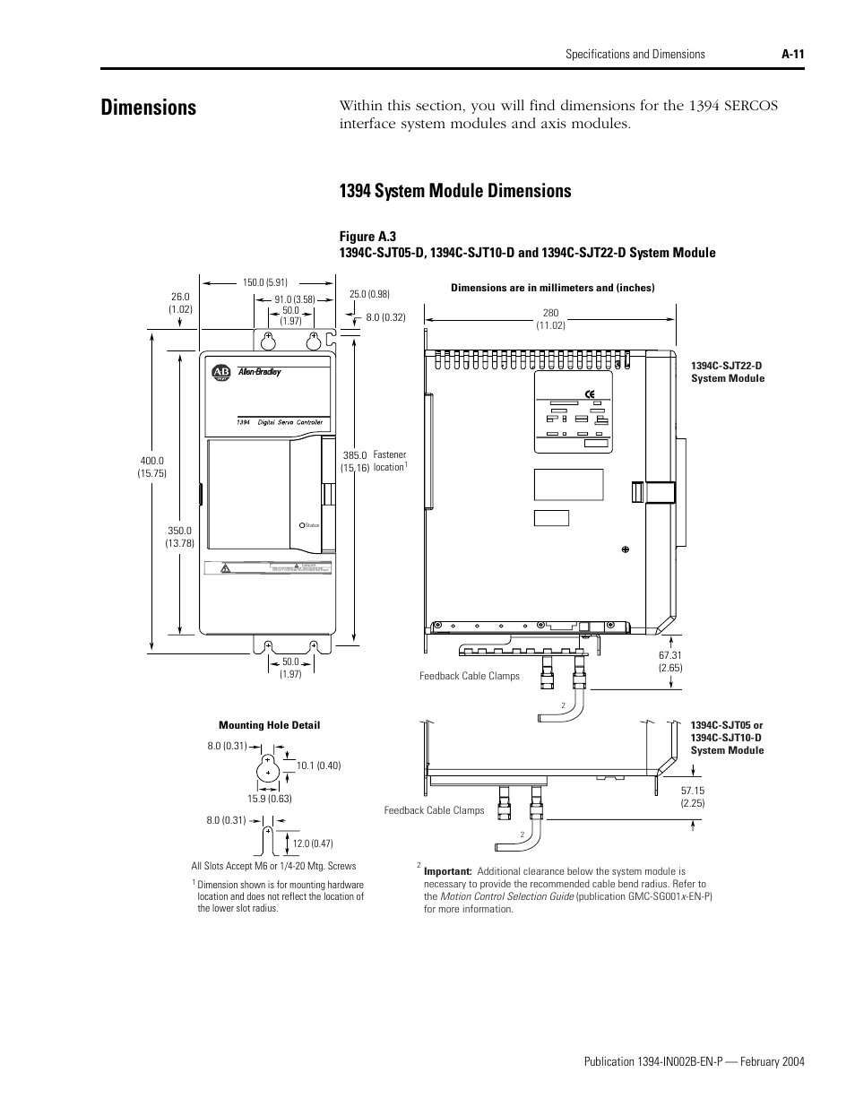 Dimensions, 1394 system module dimensions | Rockwell Automation 1394 SERCOS Interface Multi-Axis Motion Control System Installation Manual User Manual | Page 115 / 147
