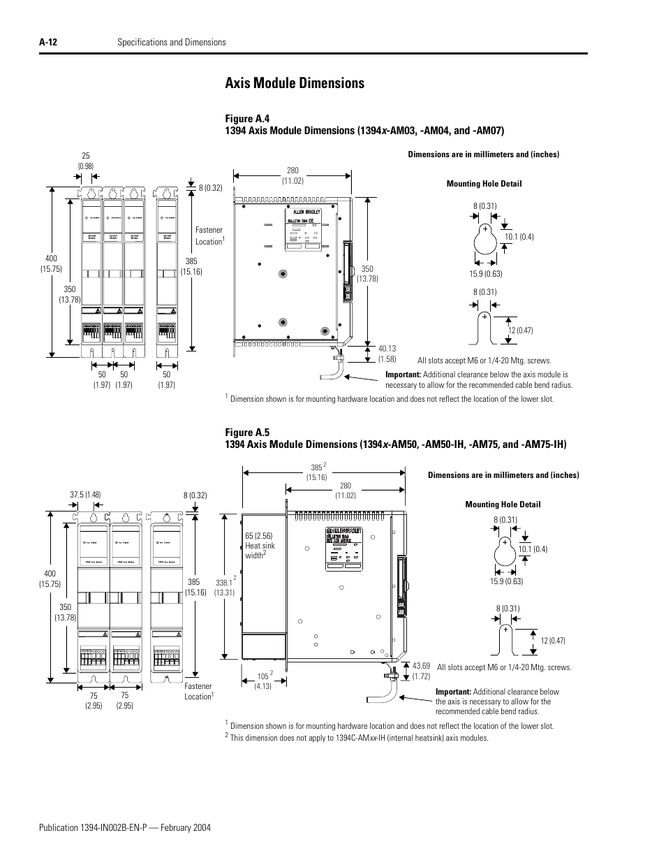 Axis module dimensions | Rockwell Automation 1394 SERCOS Interface Multi-Axis Motion Control System Installation Manual User Manual | Page 116 / 147