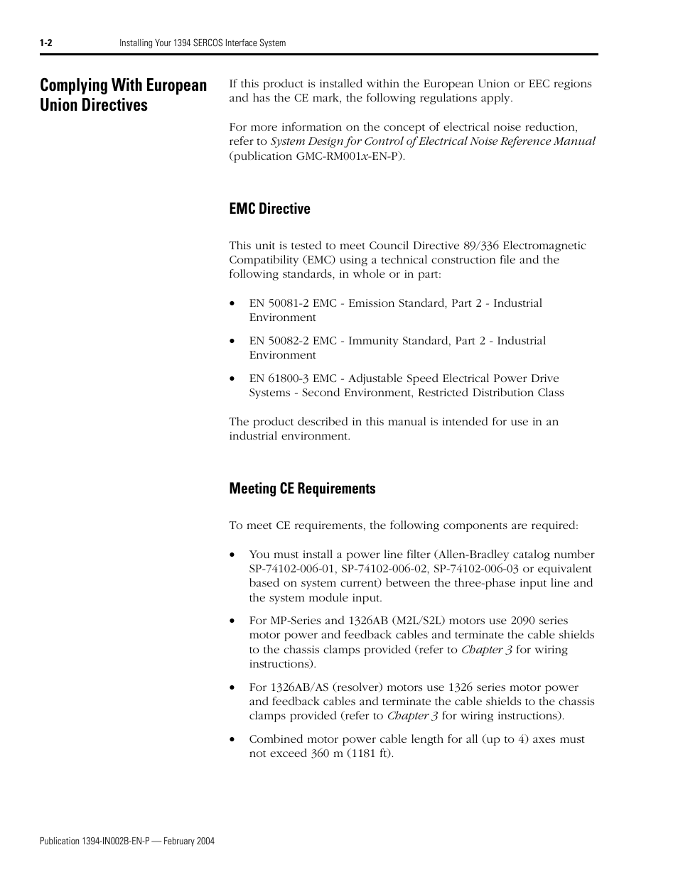 Complying with european union directives, Emc directive, Meeting ce requirements | Complying with european union directives -2, Emc directive -2 meeting ce requirements -2 | Rockwell Automation 1394 SERCOS Interface Multi-Axis Motion Control System Installation Manual User Manual | Page 12 / 147